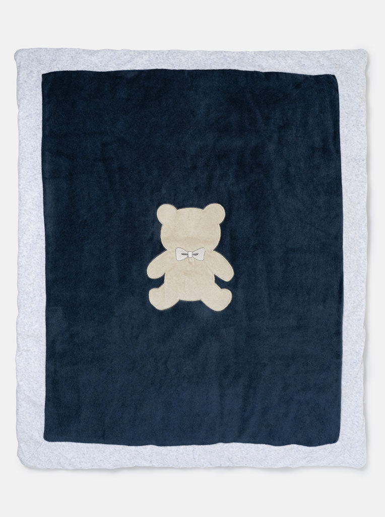 Baby Soft Fleece Pram Duvet with Teddy Applique in Gift Box - Navy Blue