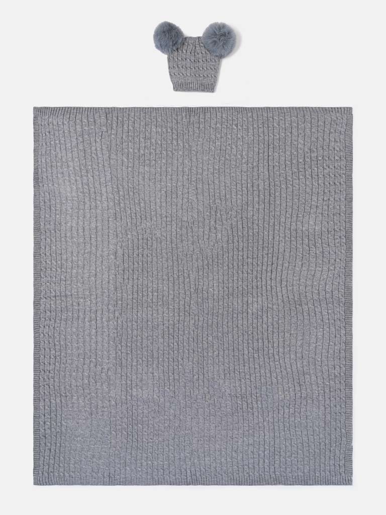 Baby Cable Knit Blanket & Double Pom-Pom Hat Set - Charcoal