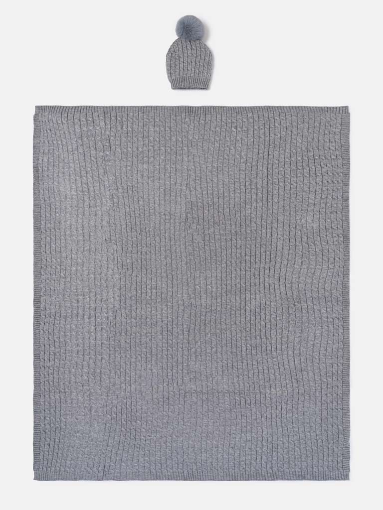 Baby Cable Knit Blanket & Single Pom-Pom Hat Set - Charcoal