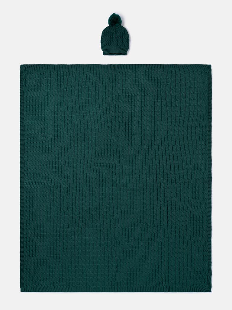 Baby Cable Knit Blanket & Single Pom-Pom Hat Set - Emerald Green