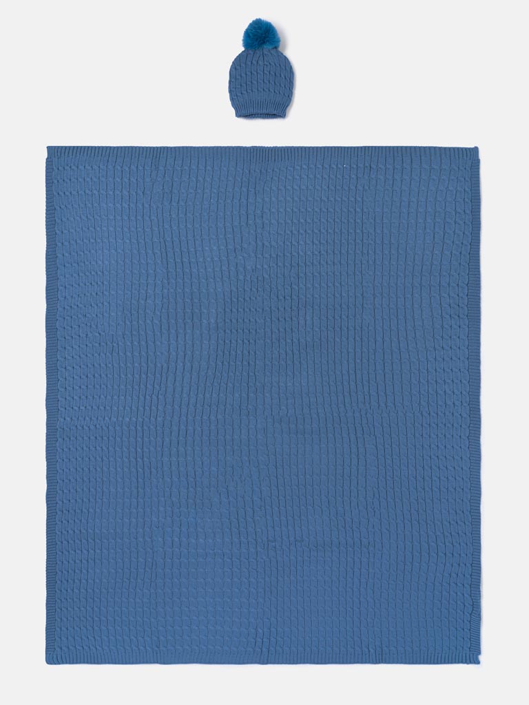 Baby Cable Knit Blanket & Single Pom-Pom Hat Set - Petrol Blue
