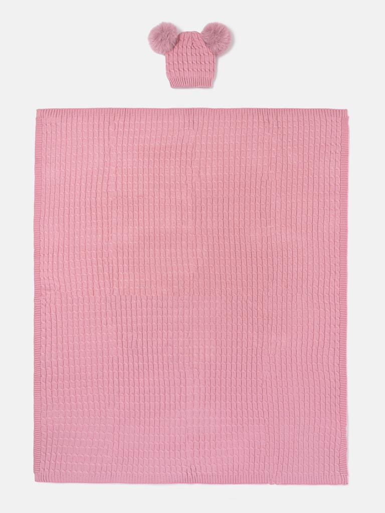 Baby Cable Knit Blanket & Double Pom-Pom Hat Set - Dusty Pink