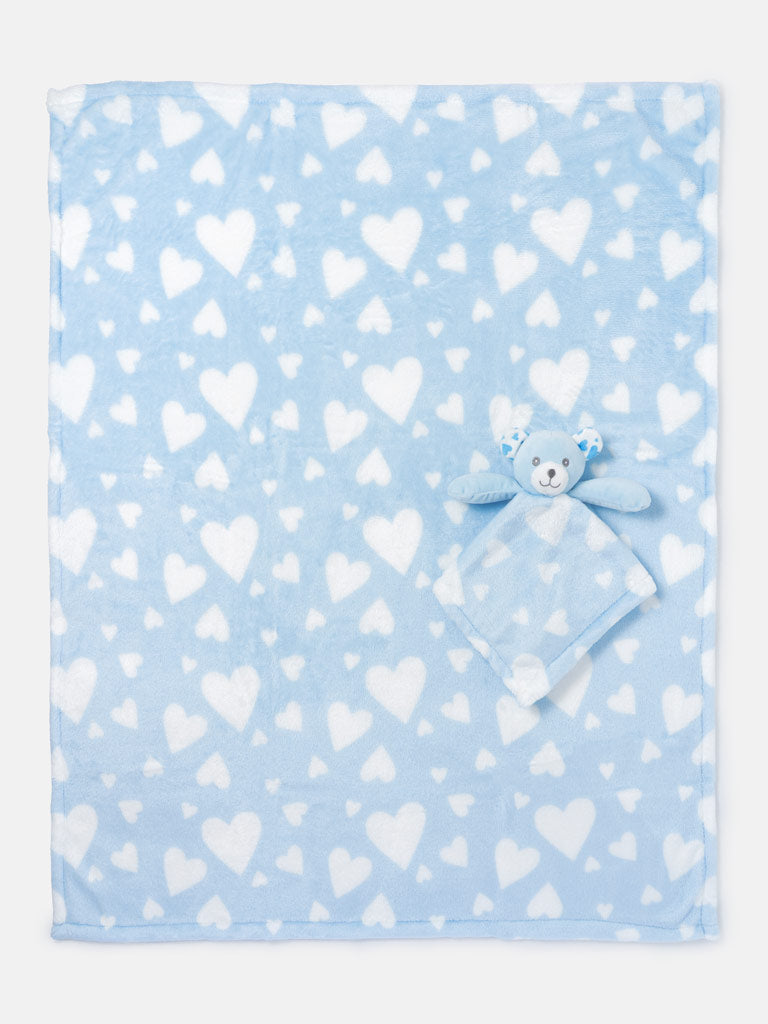 Baby Heart Fleece Blanket & Teddy Comforter Gift Set - Baby Blue