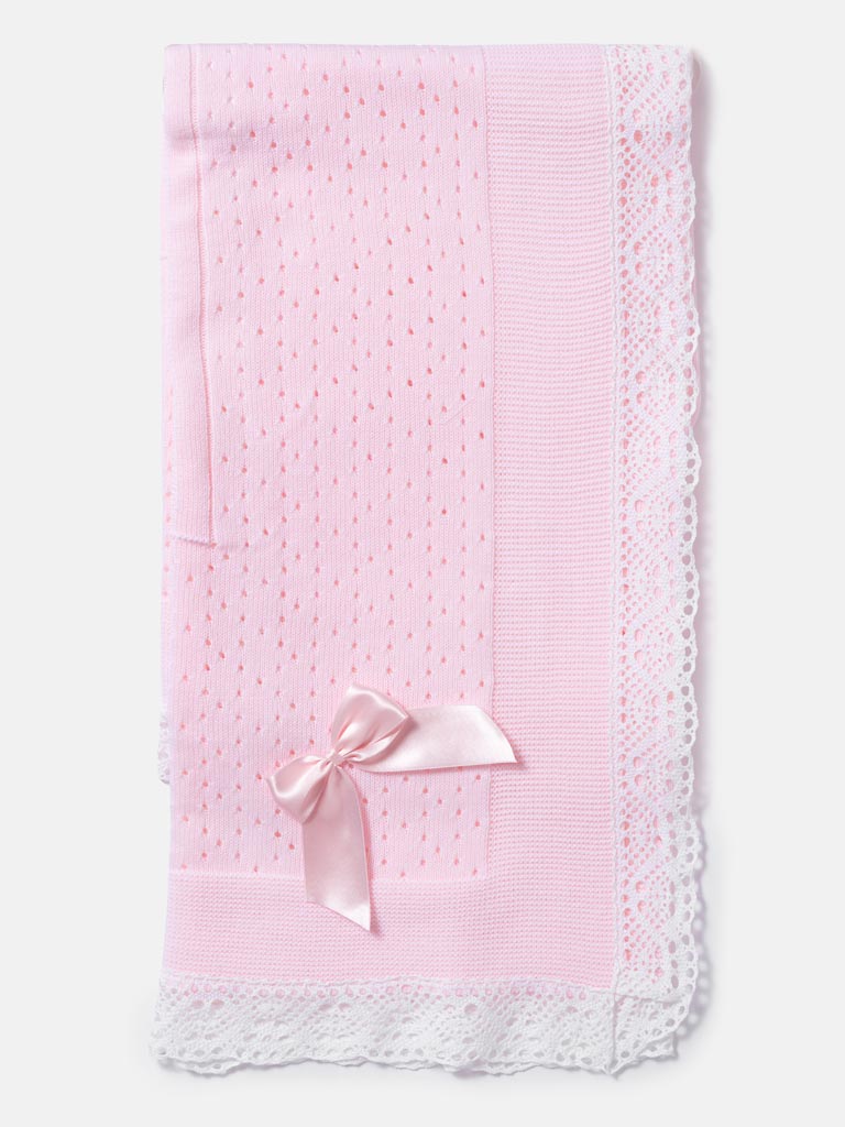 Baby Open Dot Knitted Spanish Blanket with Bow - Baby Pink