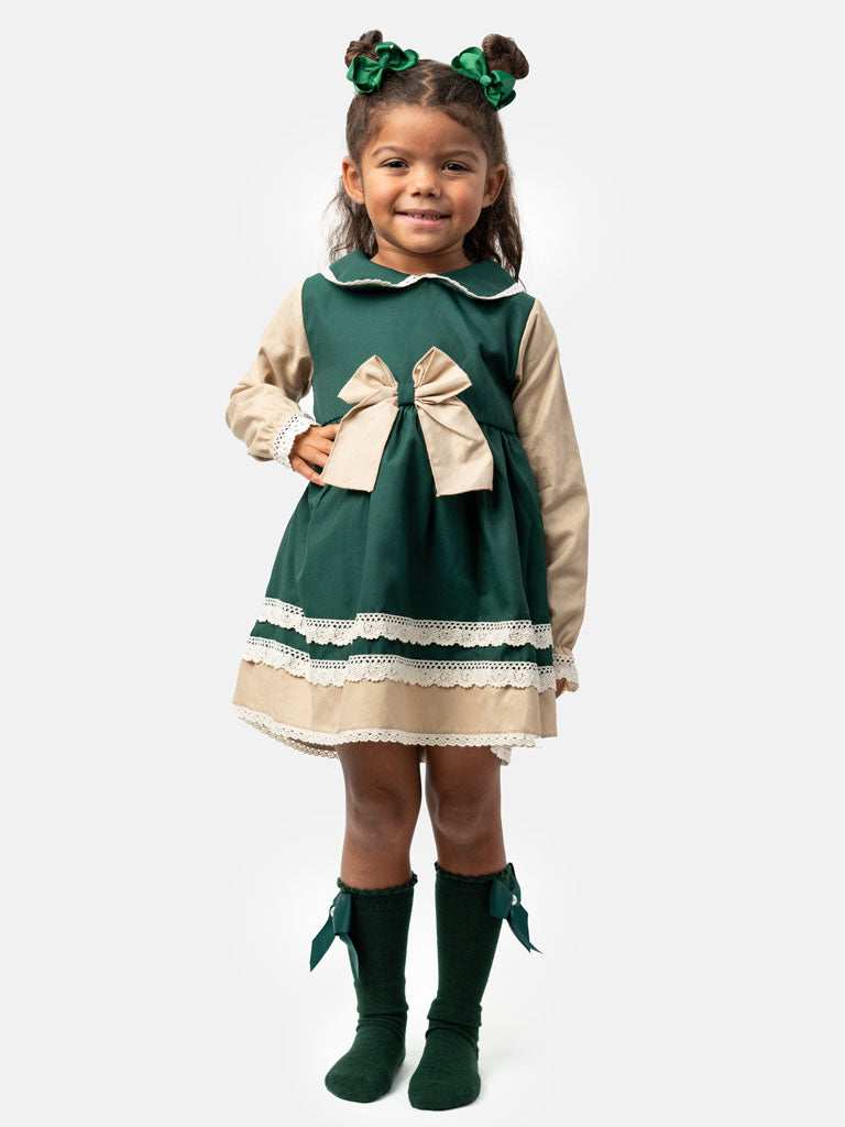 Baby Girl Alegría Collection with Lace and Bow Dress - Emerald & Beige