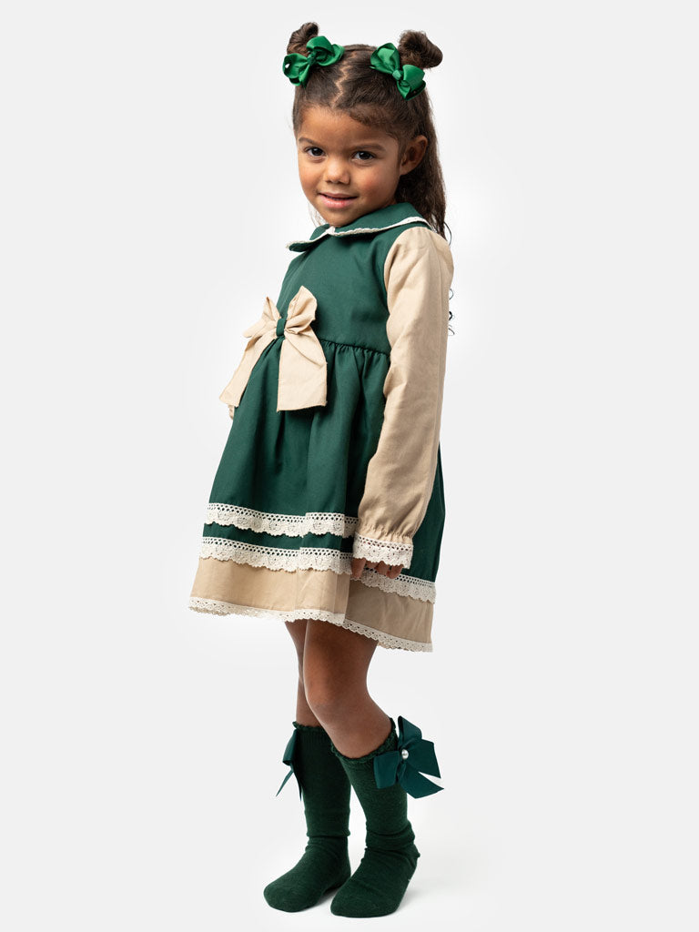 Baby Girl Alegría Collection with Lace and Bow Dress - Emerald & Beige
