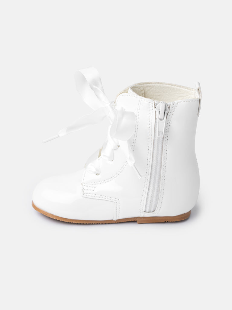 Baby Girl M&B Classic Patent Boots with Satin Laces - Ivory/White