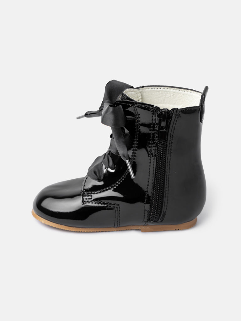 Baby Girl M&B Classic Patent Boots with Satin Laces - Black