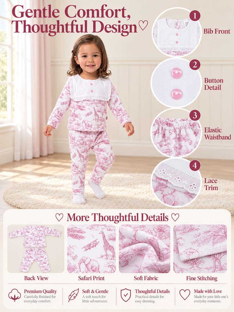 Baby Girl Safari Collection Two-Piece Velour Pyjama Set with Attached Frilly Bib - Baby Pink