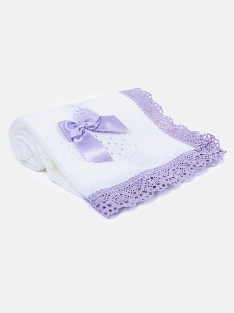 Baby Open Dot Knitted Spanish Blanket with Bow - White & Purple