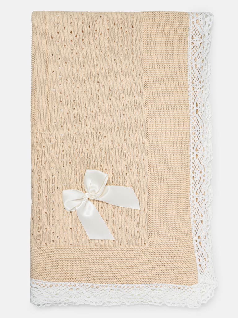 Baby Open Dot Knitted Spanish Blanket with Bow - Beige & Ivory