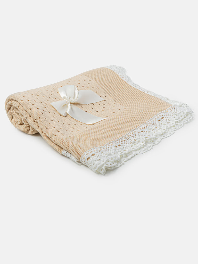 Baby Open Dot Knitted Spanish Blanket with Bow - Beige & Ivory