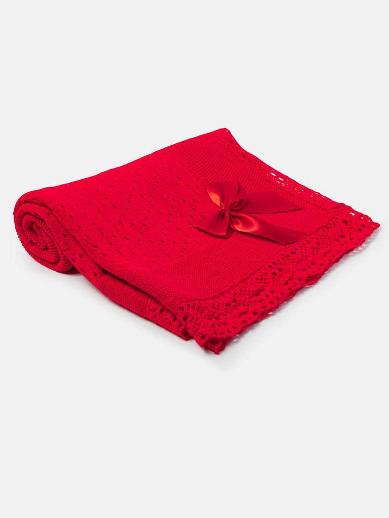 Baby Open Dot Knitted Spanish Blanket with Bow - Red