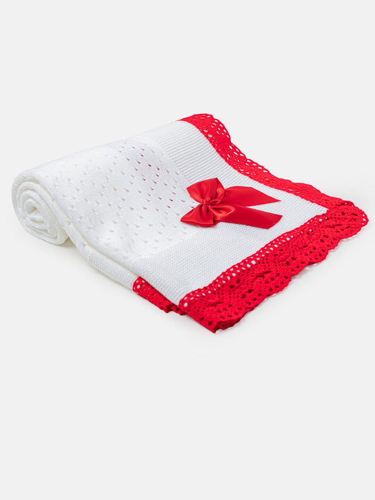 Baby Open Dot Knitted Spanish Blanket with Bow - White & Red