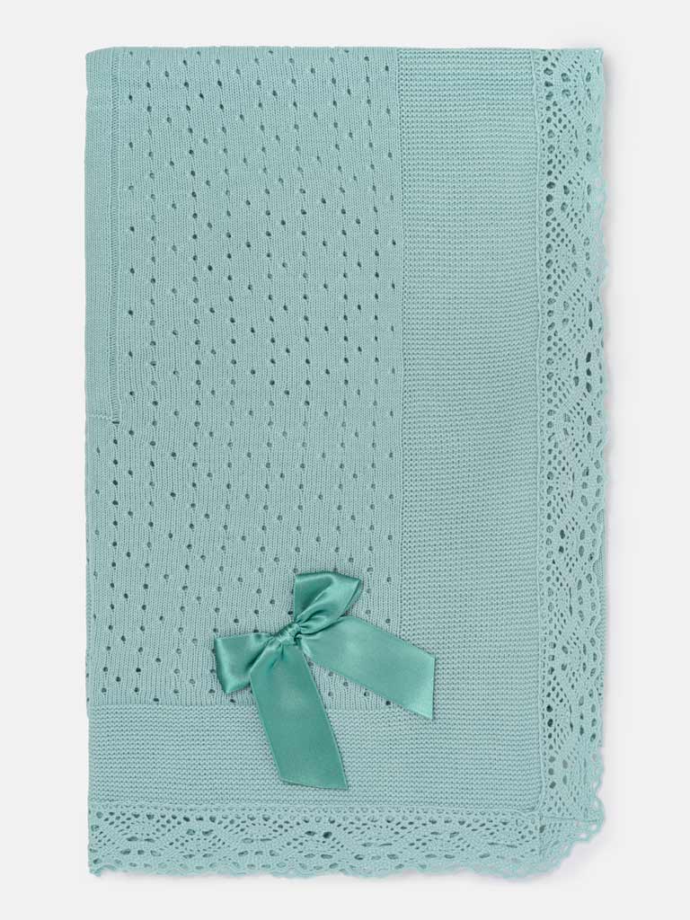 Baby Open Dot Knitted Spanish Blanket with Bow - Aqua Green