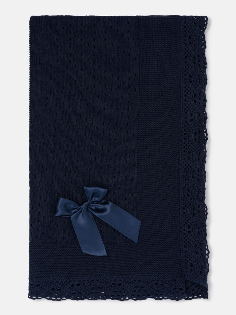 Baby Open Dot Knitted Spanish Blanket with Bow - Dark Navy