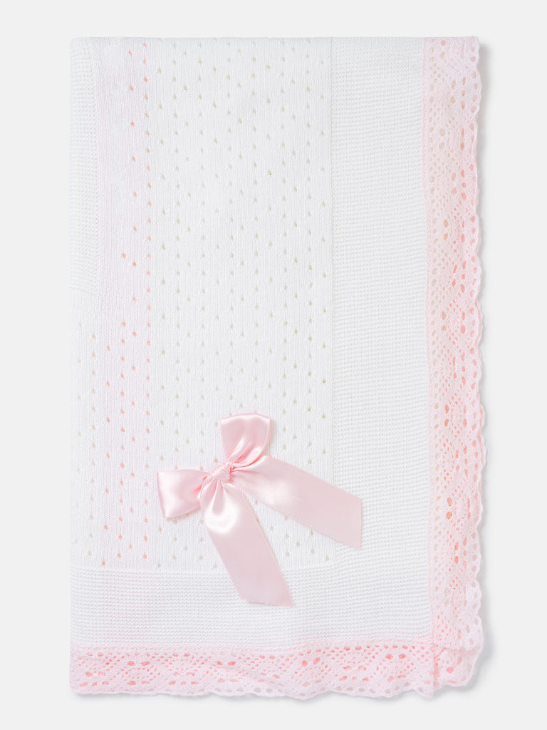 Baby Open Dot Knitted Spanish Blanket with Bow - White & Baby Pink