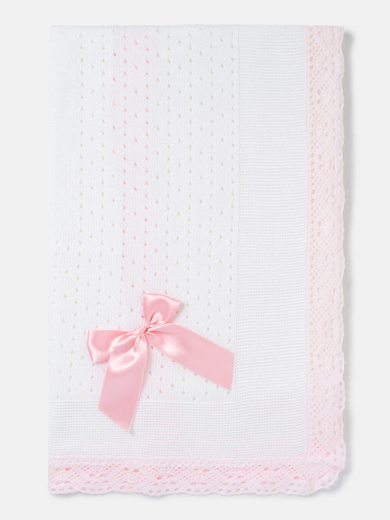 Baby Open Dot Knitted Spanish Blanket with Bow - White & Blush Pink
