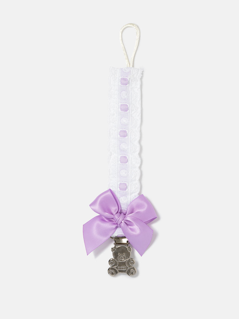 Baby Dummy Clip with Lace Detail & Satin Bow - Purple
