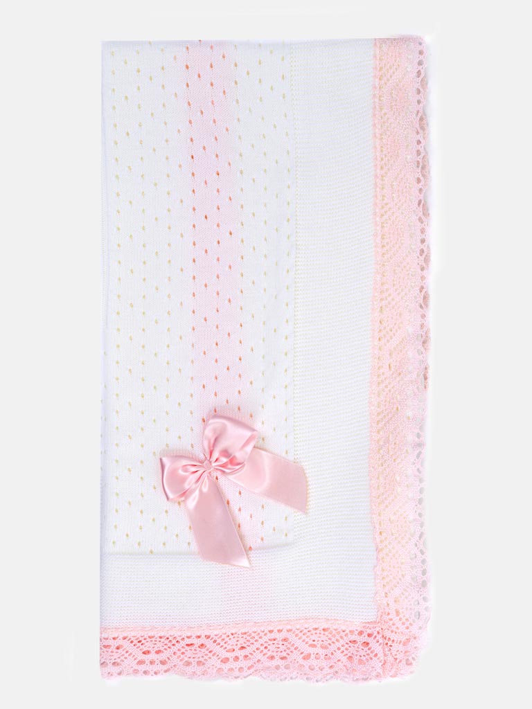 Baby Open Dot Knitted Spanish Blanket with Bow - White & Baby Pink