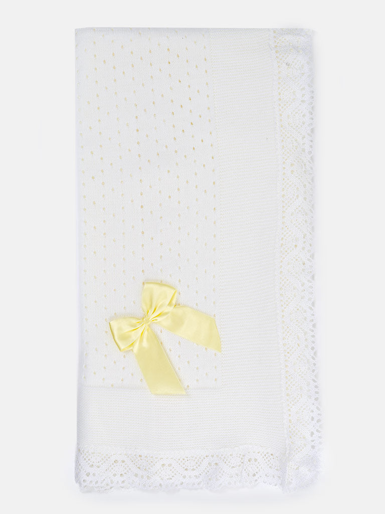 Baby Open Dot Knitted Spanish Blanket with Bow - White & Yellow