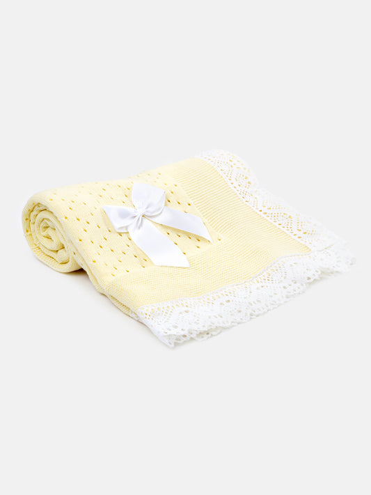 Baby Open Dot Knitted Spanish Blanket with Bow - Lemon Yellow