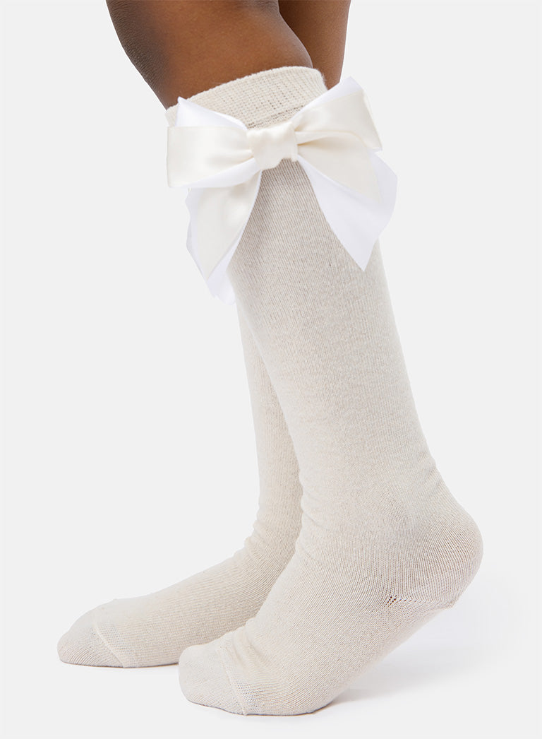 Baby Girl Knee Socks with Satin Double Bow - Cream & White