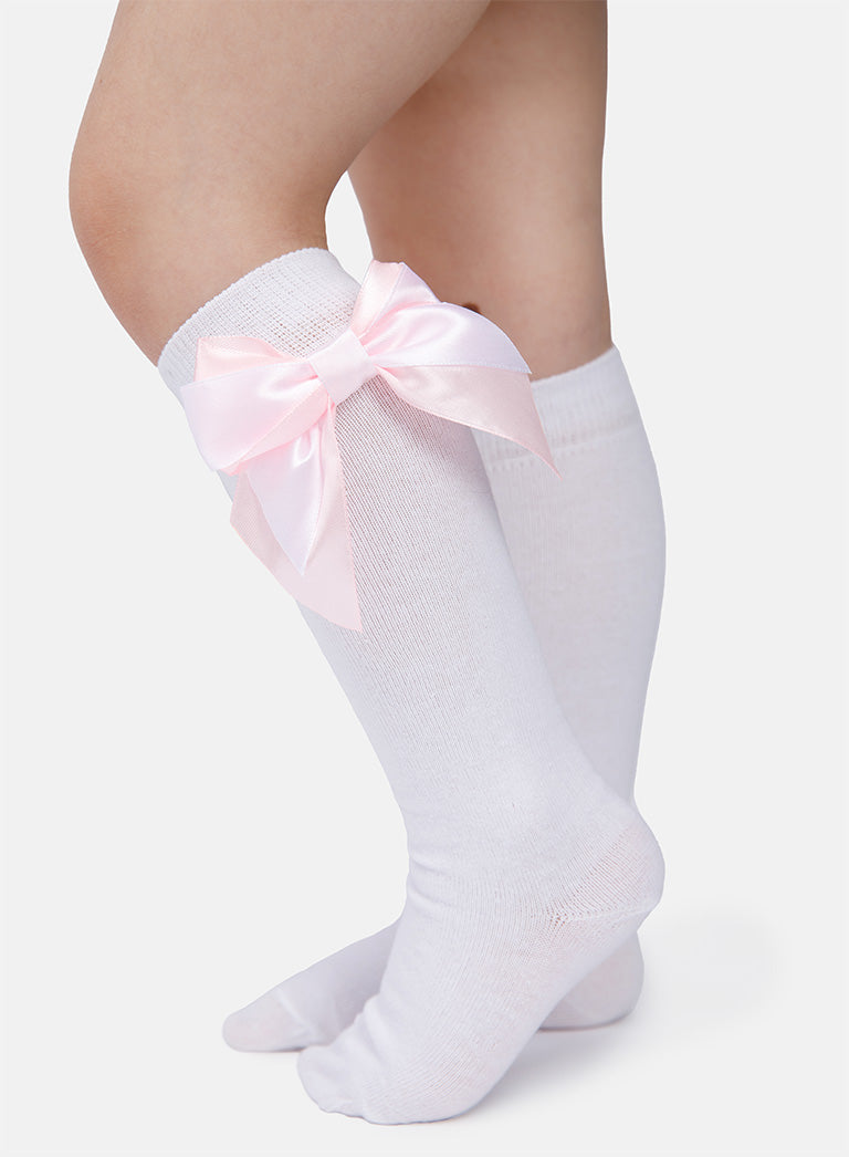 Baby Girl Knee Socks with Satin Double Bow - White & Baby Pink