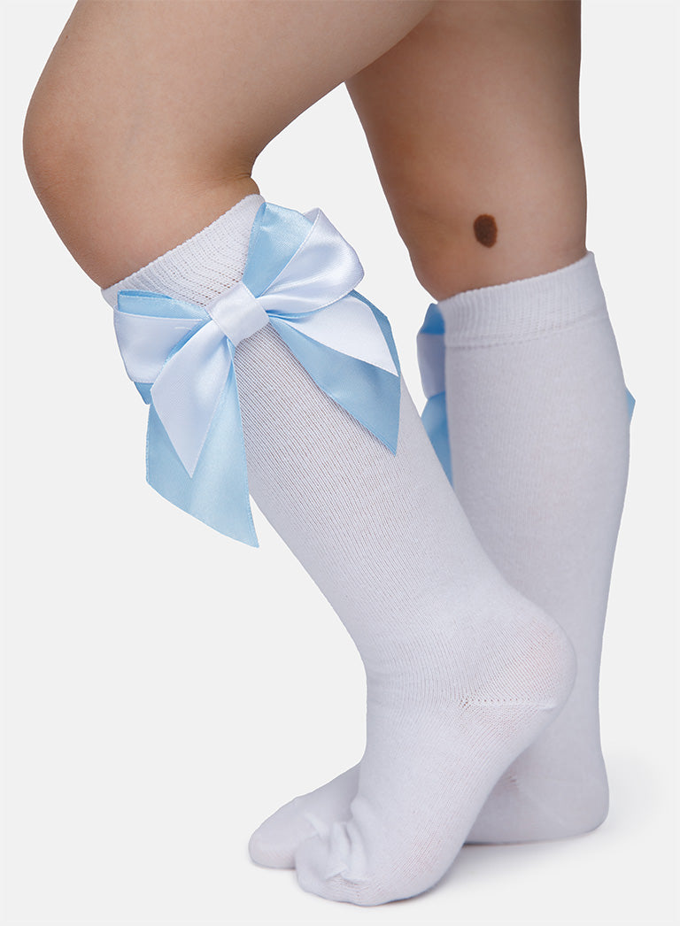 Baby Girl Knee Socks with Satin Double Bow - White & Baby Blue