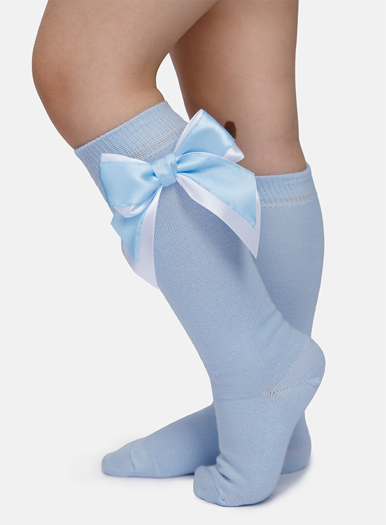 Baby Girl Knee Socks with Satin Double Bow - Baby Blue & White