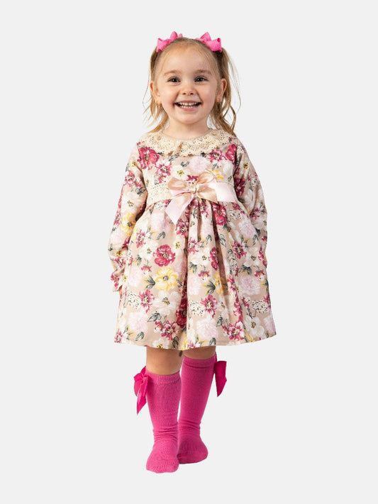 Baby Girl Cora Collection Floral Vintage Double Bow Spanish Dress - Rose Pink