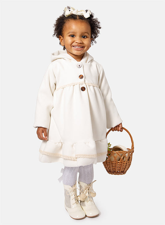Baby Girl Elegant Spanish Coat with Lace Trim - Ivory