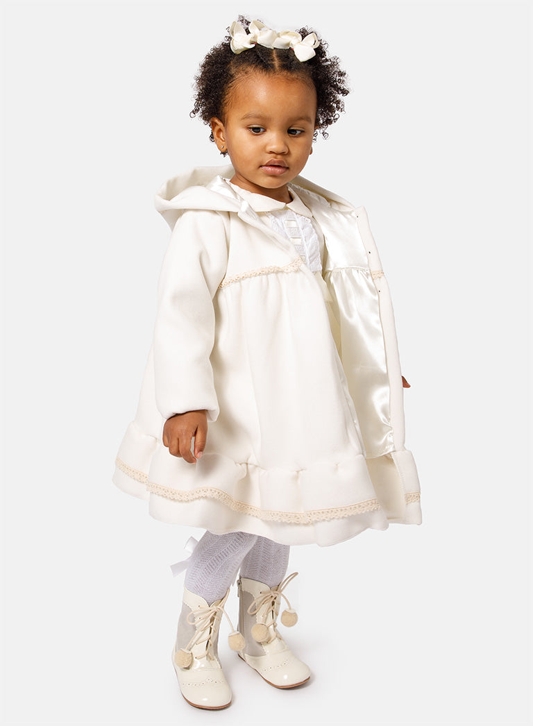 Baby Girl Elegant Spanish Coat with Lace Trim - Ivory