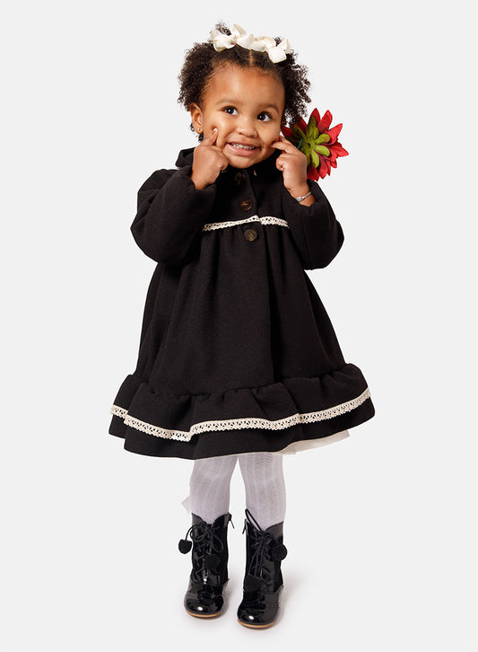 Baby Girl Elegant Spanish Coat with Lace Trim - Black