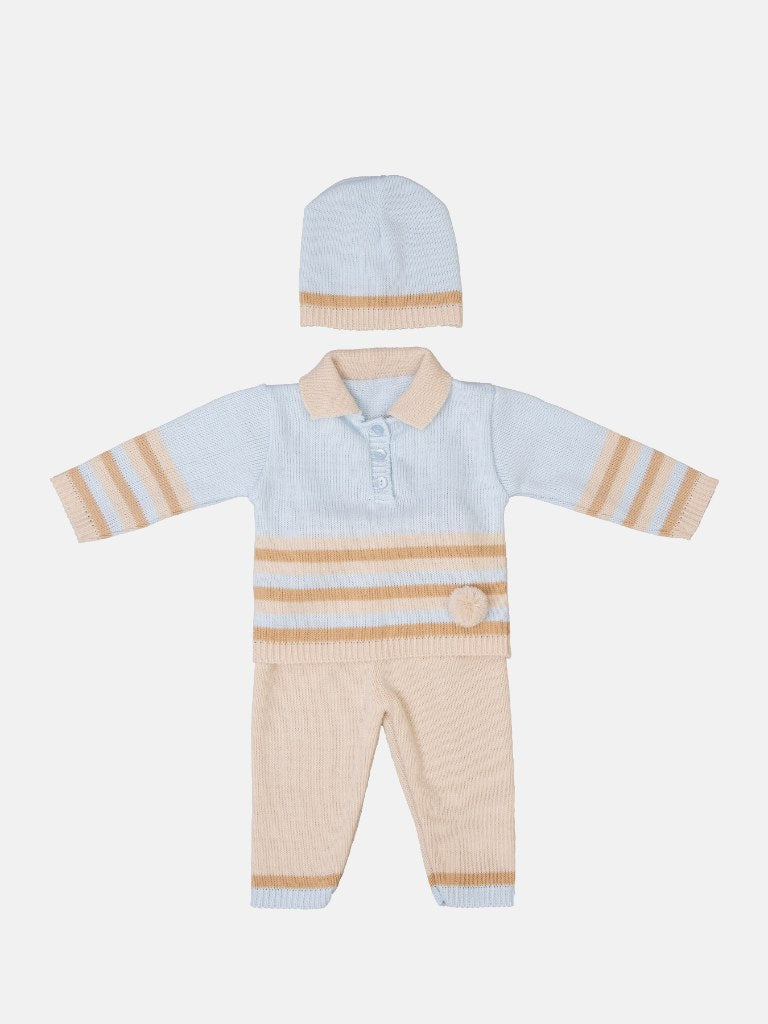 Baby Unisex 3-piece Striped Knitted Gift Box Set - Baby Blue & Beige
