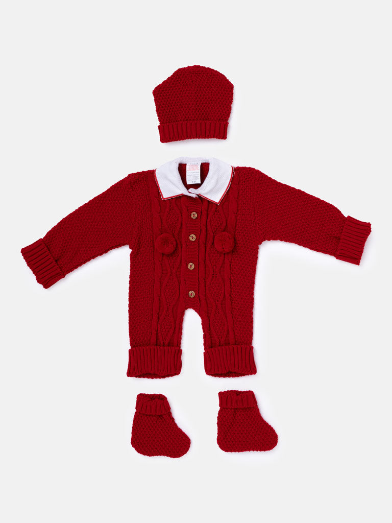 Baby Boy All-In-One Knitted 3-Piece Set with Pom-Poms - Red