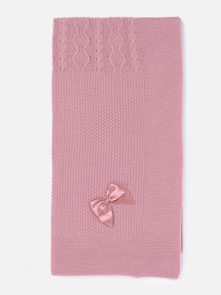 Baby Knitted Spanish Blanket with Satin Bow - Dusty Pink
