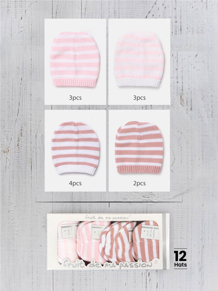 Baby Girl Knitted Hat with Horizontal Lines - Pink