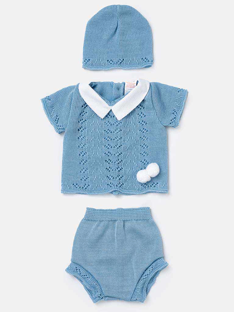 Baby Boy 3-piece Short Pom-pom Knitted Gift Box Set -Blue