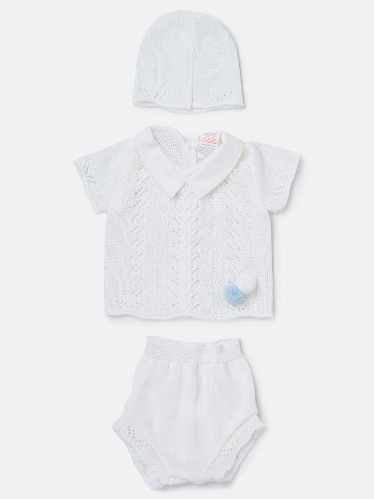 Baby Boy 3-piece Short Pom-pom Knitted Gift Box Set -White