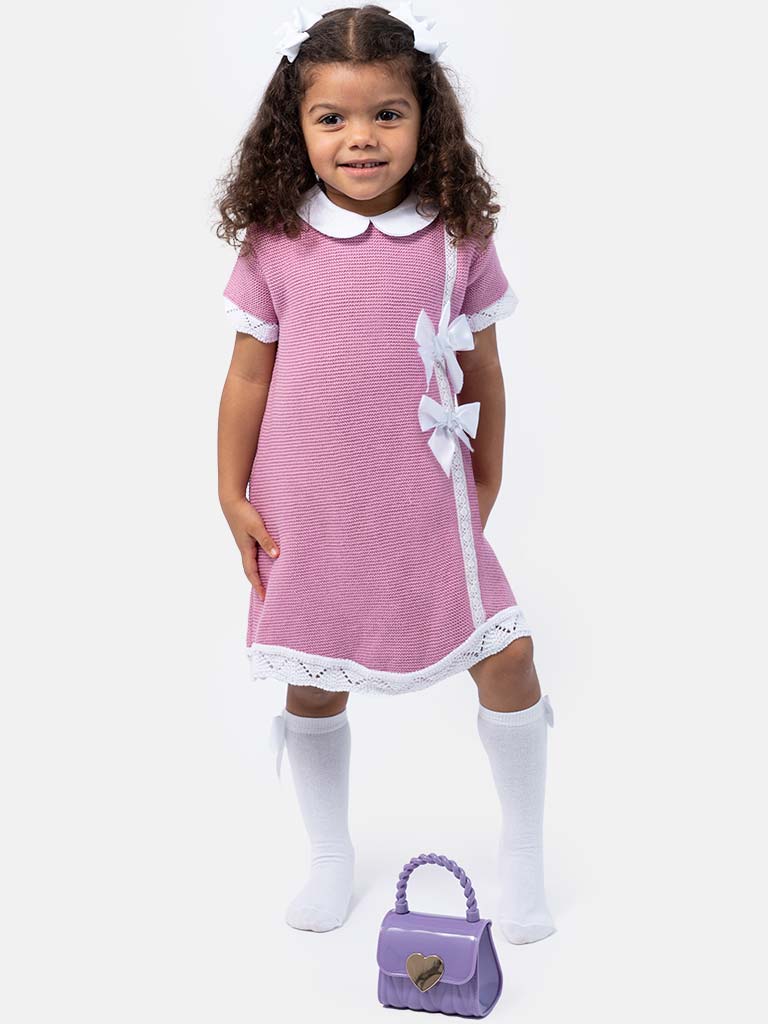 Baby Girl Paloma Collection Knitted Spanish Dress & Bonnet Set-Lilac Pink
