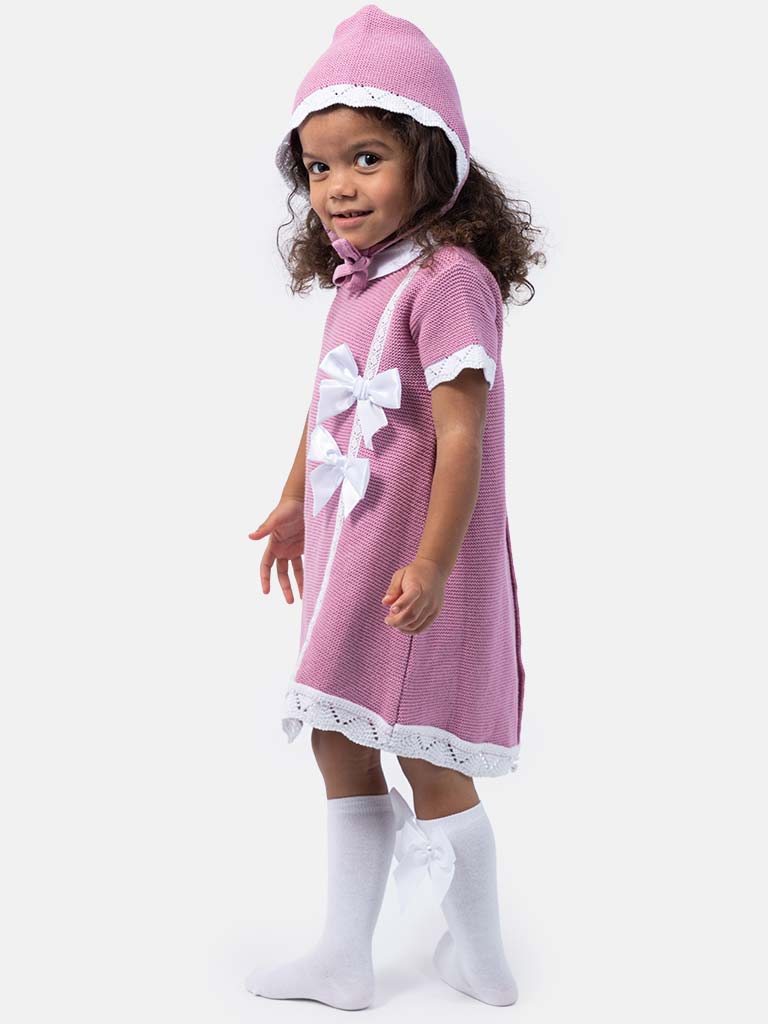 Baby Girl Paloma Collection Knitted Spanish Dress & Bonnet Set-Lilac Pink