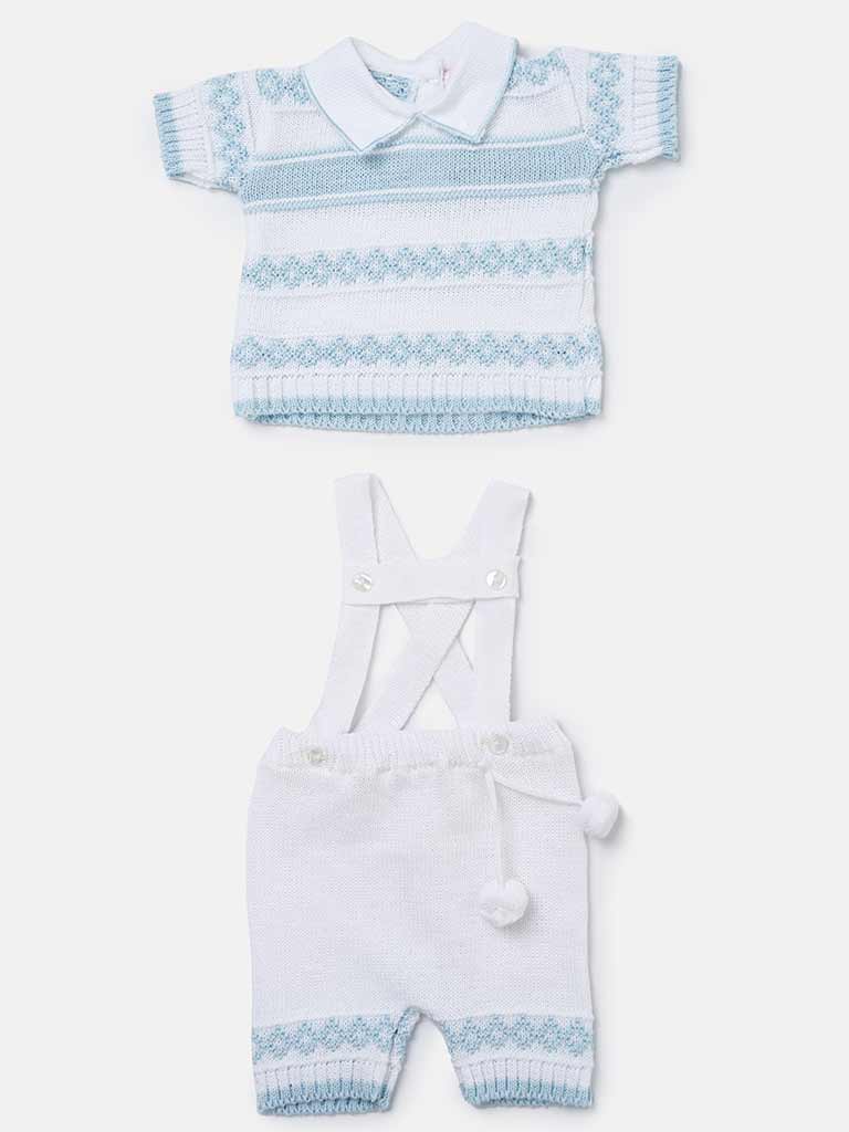 Baby Boy 2 Piece Striped Diamond Knit Pom-pom Gift Box Set-White & Baby Blue
