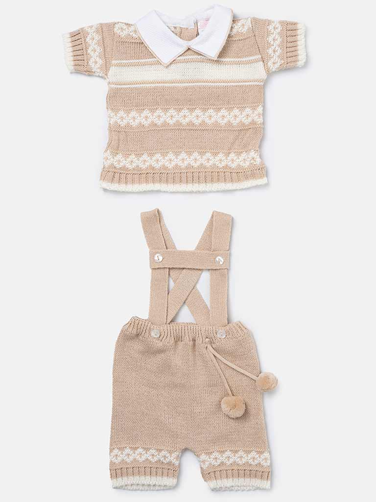 Baby Boy 2 Piece Striped Diamond Knit Pom-pom Gift Box Set-Beige