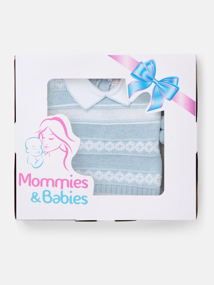 Baby Boy 2 Piece Striped Diamond Knit Pom-pom Gift Box Set-Baby Blue