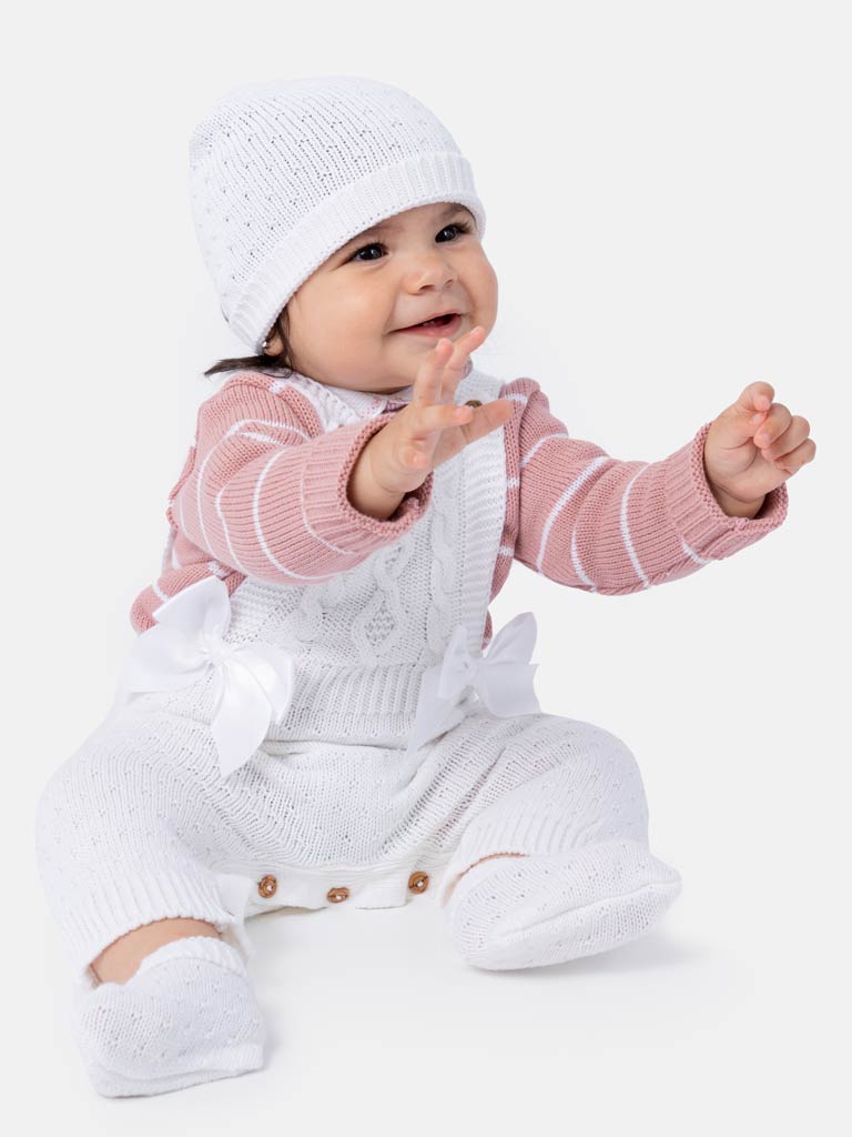 Baby Girl Nia Collection 4-piece Spanish Knitted Set- White with Dusty Pink