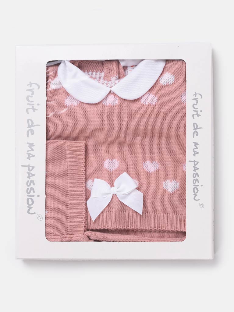 Baby Girl 3-piece Heart Knitted Gift Box Set- Dusty Pink