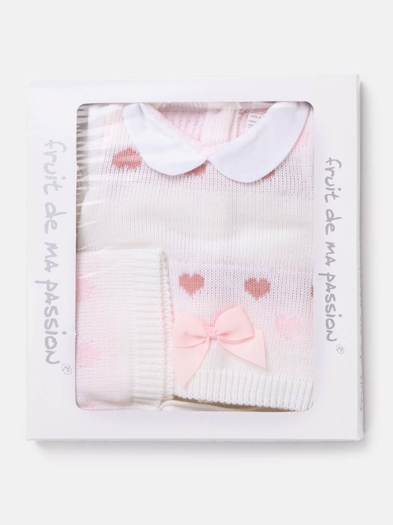 Baby Girl 3-piece Heart Knitted Gift Box Set- White and Pink
