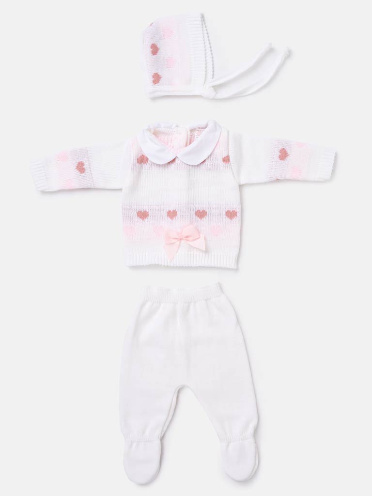 Baby Girl 3-piece Heart Knitted Gift Box Set- White and Pink