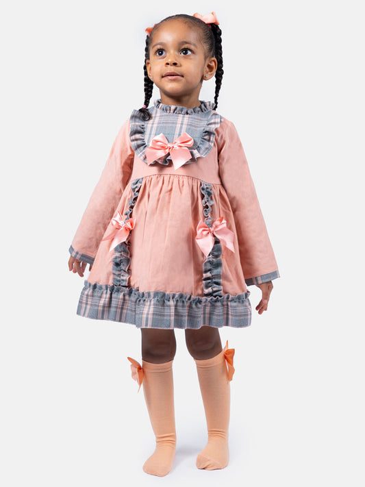 Baby Girl Eri Collection Velvet Dress with Tartan Accents - Peach